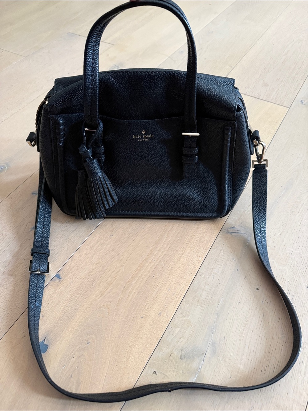 kate spade Black Pebbled Leather Satchel with Tassel